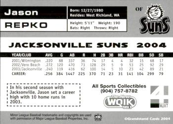 2004 Grandstand Jacksonville Suns #NNO Jason Repko Back