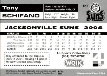 2004 Grandstand Jacksonville Suns #NNO Tony Schifano Back