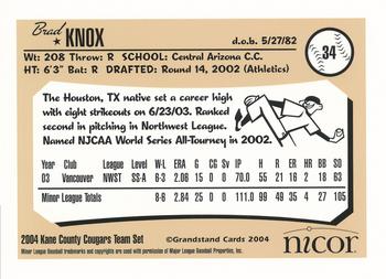 2004 Grandstand Kane County Cougars #NNO Brad Knox Back