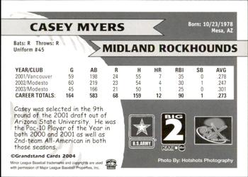 2004 Grandstand Midland RockHounds #NNO Casey Myers Back