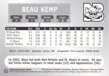 2004 Grandstand New Britain Rock Cats #NNO Beau Kemp Back