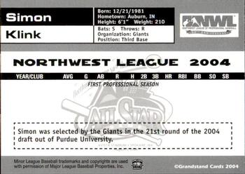 2004 Grandstand Northwest League All-Stars #49 Simon Klink Back