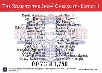 2004 Grandstand Road to the Show Top Prospects #NNO Checklist Back