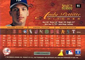 1996 Select Certified - Artist's Proofs #91 Andy Pettitte Back