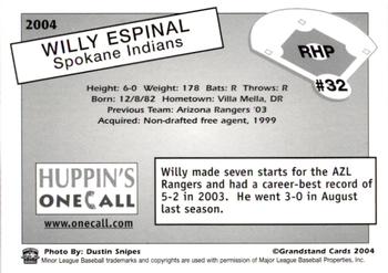 2004 Grandstand Spokane Indians #32 Willy Espinal Back