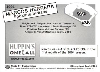 2004 Grandstand Spokane Indians #38 Marcos Herrera Back