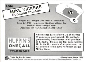 2004 Grandstand Spokane Indians #3 Mike Nickeas Back