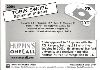 2004 Grandstand Spokane Indians #17 Tobin Swope Back