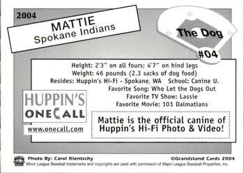 2004 Grandstand Spokane Indians #04 Mattie the Dog Back