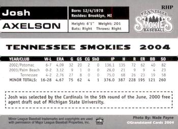 2004 Grandstand Tennessee Smokies #NNO Josh Axelson Back