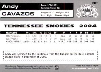 2004 Grandstand Tennessee Smokies #NNO Andy Cavazos Back