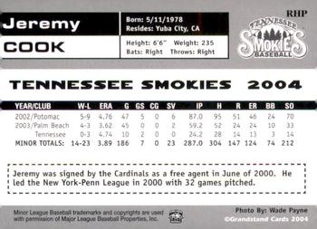 2004 Grandstand Tennessee Smokies #NNO Jeremy Cook Back