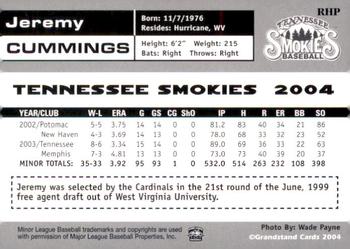 2004 Grandstand Tennessee Smokies #NNO Jeremy Cummings Back