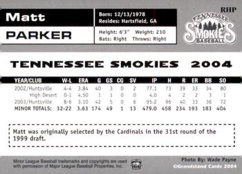2004 Grandstand Tennessee Smokies #NNO Matt Parker Back