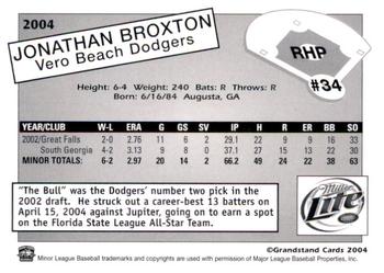 2004 Grandstand Vero Beach Dodgers #NNO Jonathan Broxton Back
