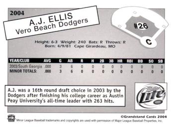 2004 Grandstand Vero Beach Dodgers #NNO A.J. Ellis Back