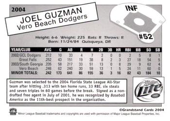 2004 Grandstand Vero Beach Dodgers #NNO Joel Guzman Back