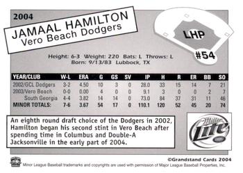 2004 Grandstand Vero Beach Dodgers #NNO Jamaal Hamilton Back