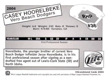 2004 Grandstand Vero Beach Dodgers #NNO Casey Hoorelbeke Back