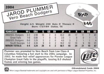 2004 Grandstand Vero Beach Dodgers #NNO Jarod Plummer Back