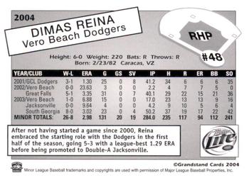 2004 Grandstand Vero Beach Dodgers #NNO Dimas Reina Back