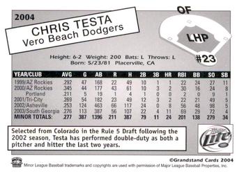 2004 Grandstand Vero Beach Dodgers #NNO Chris Testa Back
