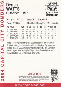2004 MultiAd Capital City Bombers #29 Derran Watts Back