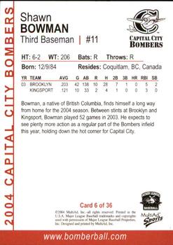2004 MultiAd Capital City Bombers #5 Shawn Bowman Back