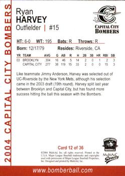 2004 MultiAd Capital City Bombers #11 Ryan Harvey Back