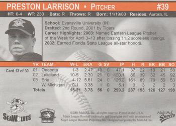 2004 MultiAd Erie SeaWolves #13 Preston Larrison Back