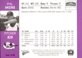 2004 MultiAd Greensboro Bats #1 Phil Akens Back