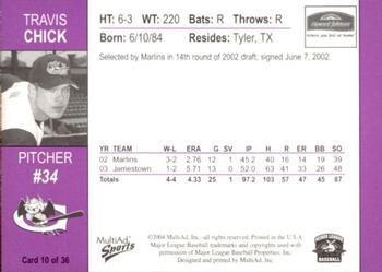 2004 MultiAd Greensboro Bats #10 Travis Chick Back