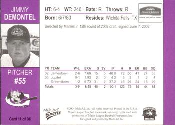 2004 MultiAd Greensboro Bats #11 Jimmy Demontel Back