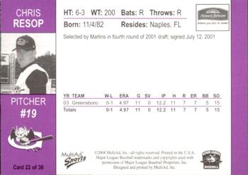 2004 MultiAd Greensboro Bats #22 Chris Resop Back