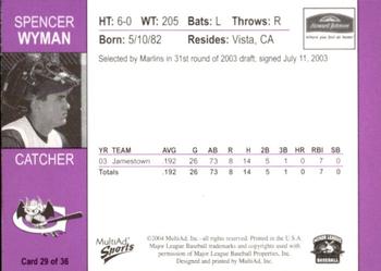 2004 MultiAd Greensboro Bats #29 Spencer Wyman Back