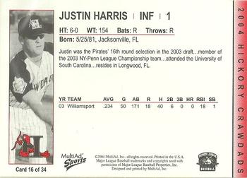 2004 MultiAd Hickory Crawdads #16 Justin Harris Back