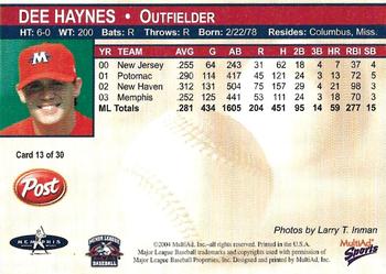 2004 MultiAd Memphis Redbirds #13 Dee Haynes Back