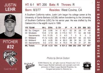 2004 MultiAd Sacramento River Cats #10 Justin Lehr Back