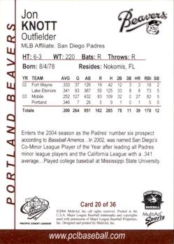 2004 MultiAd Pacific Coast League Top Prospects #20 Jon Knott Back