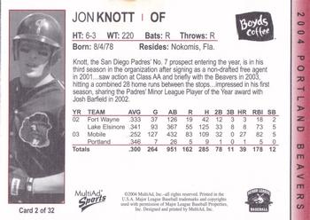 2004 MultiAd Portland Beavers #2 Jon Knott Back