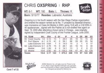 2004 MultiAd Portland Beavers #7 Chris Oxspring Back