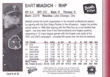 2004 MultiAd Portland Beavers #9 Bart Miadich Back