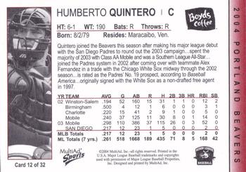 2004 MultiAd Portland Beavers #12 Humberto Quintero Back