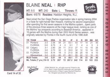 2004 MultiAd Portland Beavers #14 Blaine Neal Back