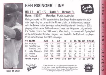 2004 MultiAd Portland Beavers #15 Ben Risinger Back