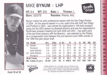 2004 MultiAd Portland Beavers #18 Mike Bynum Back