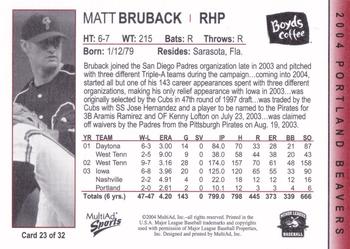 2004 MultiAd Portland Beavers #23 Matt Bruback Back
