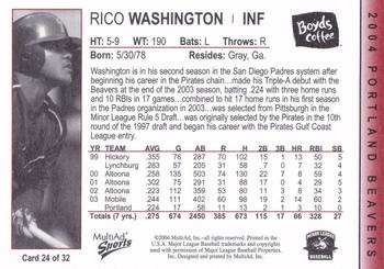 2004 MultiAd Portland Beavers #24 Rico Washington Back