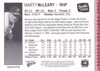 2004 MultiAd Portland Beavers #25 Marty McLeary Back