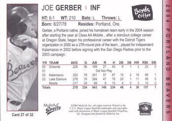 2004 MultiAd Portland Beavers #27 Joe Gerber Back